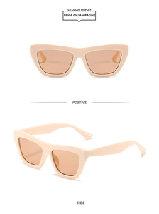 Detailed views of beige champagne cat eye sunglasses from positive and side angles