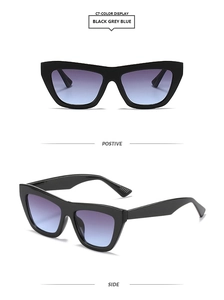Detailed view of cat-eye sunglasses with black frames and blue-purple gradient lenses