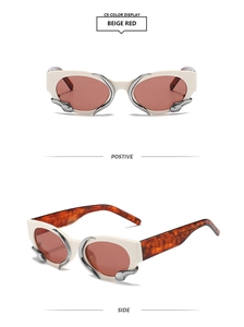 Detail view of beige square frame sunglasses with red lenses and tortoiseshell temples