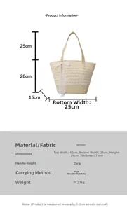 Detailed size chart for handmade woven straw tote bag with white lace bow decoration