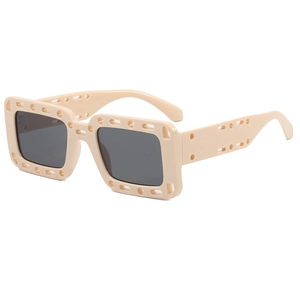 Modern beige square frame sunglasses with unique hollow out temples and dark grey lenses