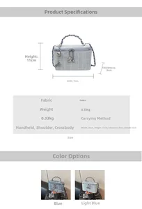 Detailed size specifications for blue tweed crossbody bag with pearl chain handle