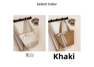 Detail of woven straw tote bags with lace bow in off-white and khaki colors