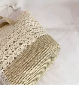 Detail of beige woven straw bag featuring intricate white floral lace and natural texture