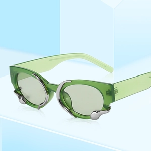 Green rectangle frame sunglasses with silver liquid metal snake accents and clear lenses