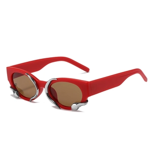 Fashion red rectangle sunglasses with silver liquid metal snake frame and brown lenses