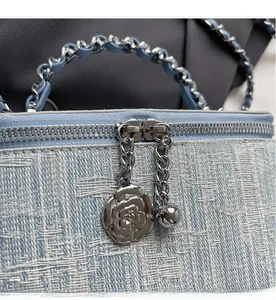 Detailed shot of silver camellia zipper pulls on light blue tweed chain bag