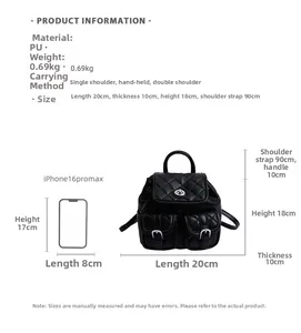 Detail view of mini quilted PU backpack showing dimensions relative to an iPhone 16 Pro Max