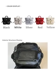 Detail view of quilted drawstring backpack interior pockets and multi-color selection