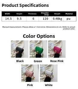 Detailed size guide and color options for the mini quilted saddle bag with chain strap