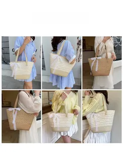 Detail showing various model views of a straw tote bag with white lace bow decoration