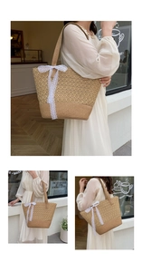 Detail of hand-woven straw tote bag with white lace bow and spacious holiday interior