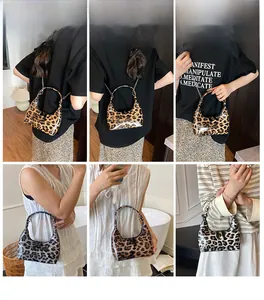 Detailed views of leopard print faux leather handbag with glossy finish and chain strap