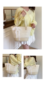 Detail of a cream woven tote bag with layered white lace ruffles and a decorative bow