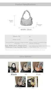 Detailed view of rhinestone pleated shoulder bag showing dimensions 20x15x11cm and PU texture