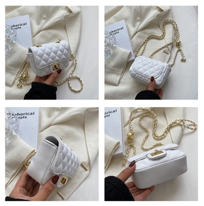 Detail views of a white quilted mini bag showing gold hardware and metal chain strap
