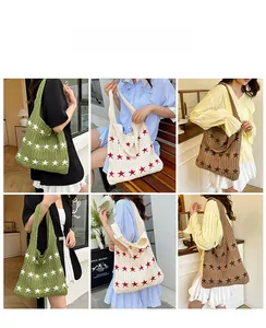Diverse vedute della borsa tote intrecciata da donna con motivo a stelle per l'estate