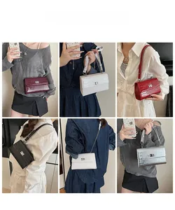 Collage of fashion crossbody bags in crocodile pattern with metal lock and chain strap