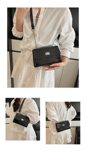 Detail of black crocodile pattern crossbody bag showing front, side and back views