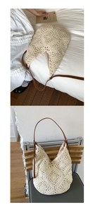 Detailed view of cream crochet shoulder bag with brown leather strap and metal rings