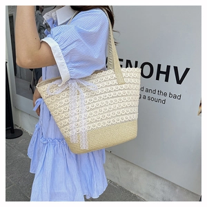 Close-up of a straw tote bag featuring delicate lace stitching and a stylish bow ribbon