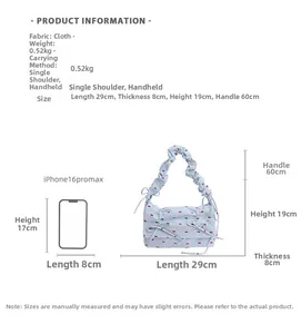 Tableau des tailles détaillé pour sac bleu floral avec échelle iPhone 16 Pro Max