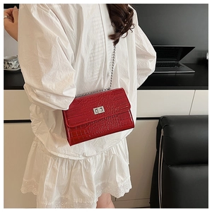 Detail of red crocodile texture bag with silver chain and metal square lock on a model