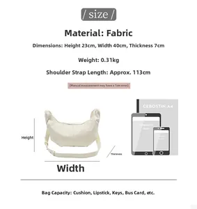 Detailed size chart and capacity display for minimalist fabric crescent crossbody bag