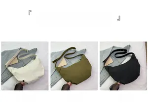 Detailed comparison of nylon crescent crossbody bags in cream, olive green, and black