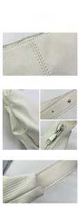 Detail shot of beige dumpling bag showing silver zipper, strap rivet, and vertical texture