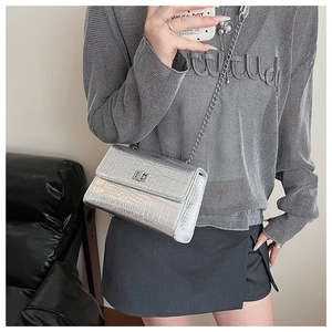 Close-up of silver crocodile pattern shoulder bag with metallic clasp and chain strap
