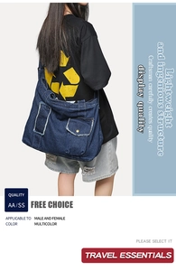 Détail des bords effilochés sur un grand sac cabas en jean à poches multiples