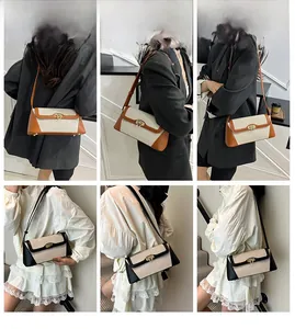 Detailed views of vintage contrast color shoulder bag with elegant metal buckle closure