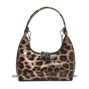 Glossy leopard print hobo bag with silver chain strap and dual zippers for women