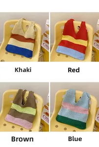 Detailed grid view of four colorful hand-woven crochet beach bags with striped patterns