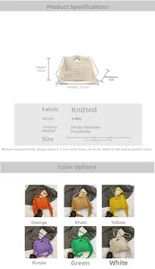 Detail specifications of knit fringe crossbody bag showing six colors and dimensions