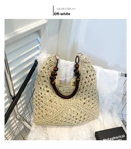 Detail of beige woven straw tote bag featuring wooden bead handles and floral crochet texture