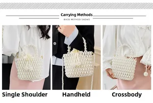 Sac seau en perles fait main présenté en porté épaule, à la main et en bandoulière