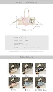 Tableau des tailles détaillé et sélection de couleurs pour ce sac à main chic en PU