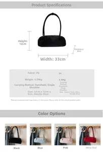 Dimensions détaillées pour grand sac baguette Boston en cuir PU de 33x12x8cm