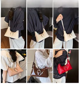 Collage of glossy patent leather shoulder bags in multiple colors with silver buckle detail
