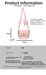 Pink quilted shoulder bag with chain detail and dimensions showing PU material specs