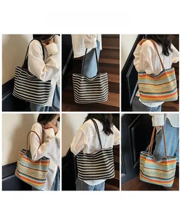 Detailed views of rainbow striped woven tote bags shown on models for summer holiday style