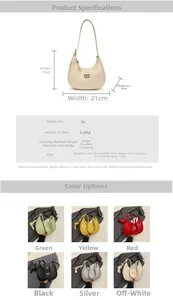 Detailed dimension guide and six-color options for the minimalist PU crescent handbag