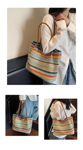 Detailed views of a large striped straw tote bag with brown leather straps for beach holidays