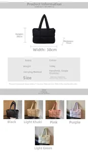 Detailed dimension chart and multi-color view of quilted down tote bag for women