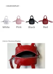 Detail view of the red mini bag featuring heart polka dot pattern and zipper closure