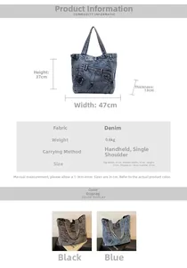 Detailed size specifications and color options for this vintage denim tote laptop bag