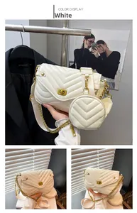 Detail of white quilted crossbody bag with golden chain and small round coin purse