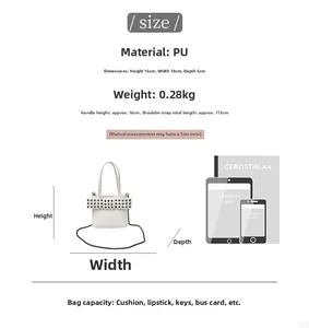 Detailed size chart of white studded PU leather crossbody bag with chain strap
